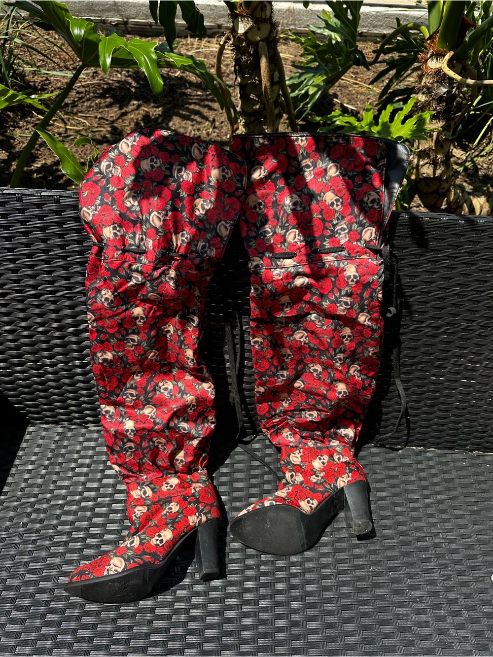 Red Skull Rose 🥀 Floral Skull Over the Knee-High Heeled Boots